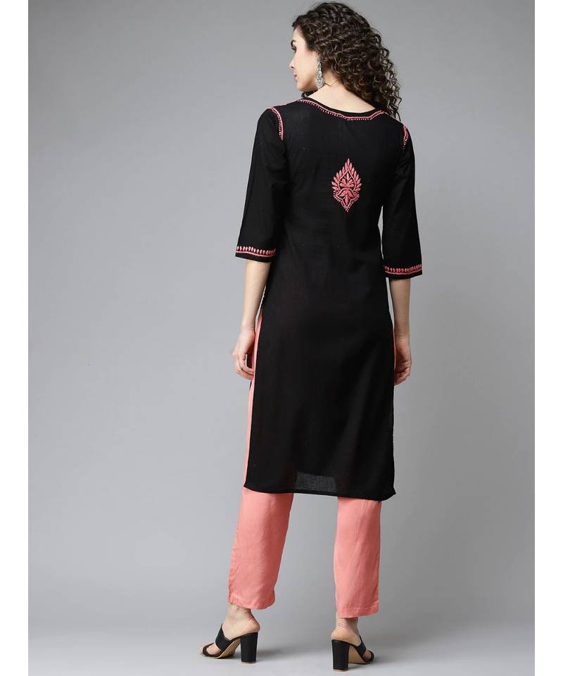 Ada Hand Embroidered Black Cotton Lucknow Chikankari Women Kurti - A411193