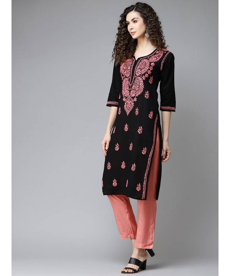 Ada Hand Embroidered Black Cotton Lucknow Chikankari Women Kurti - A411193