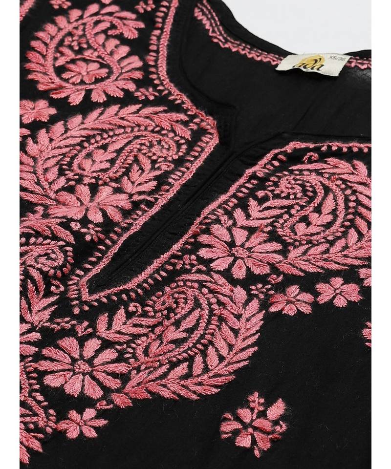 Ada Hand Embroidered Black Cotton Lucknow Chikankari Women Kurti - A411193