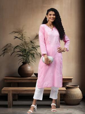 Hand Embroidered Baby Pink Cotton Lucknow Chikankari Women Kurta 1