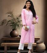 Hand Embroidered Baby Pink Cotton Lucknow Chikankari Women Kurta