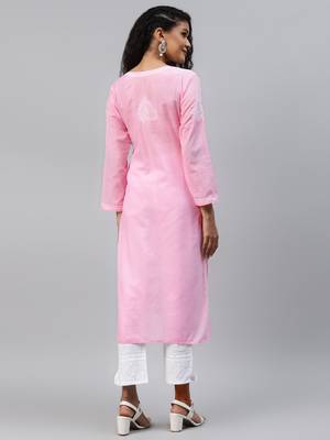 Hand Embroidered Baby Pink Cotton Lucknow Chikankari Women Kurta 2
