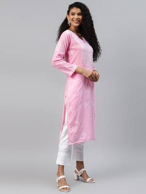 Hand Embroidered Baby Pink Cotton Lucknow Chikankari Women Kurta 3