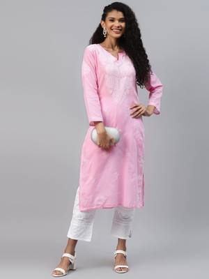 Hand Embroidered Baby Pink Cotton Lucknow Chikankari Women Kurta 4