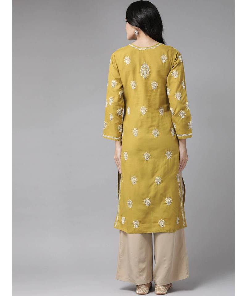 Women'S Hand Embroidered Straight Green Cotton Lucknow Chikankari Women Kurta