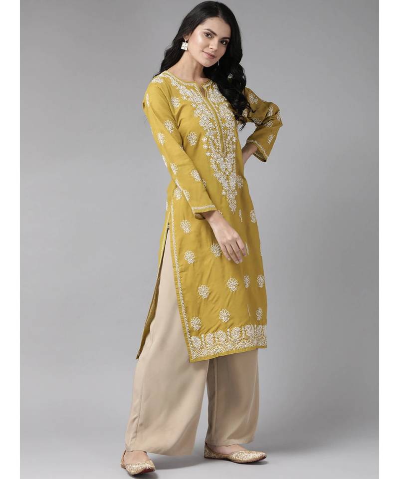 Women'S Hand Embroidered Straight Green Cotton Lucknow Chikankari Women Kurta