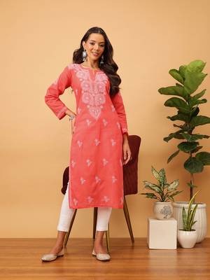 Hand Embroidered Coral Red Cotton Lucknow Chikankari Women Kurti 1