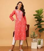 Hand Embroidered Coral Red Cotton Lucknow Chikankari Women Kurti