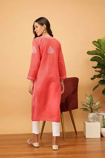 Hand Embroidered Coral Red Cotton Lucknow Chikankari Women Kurti