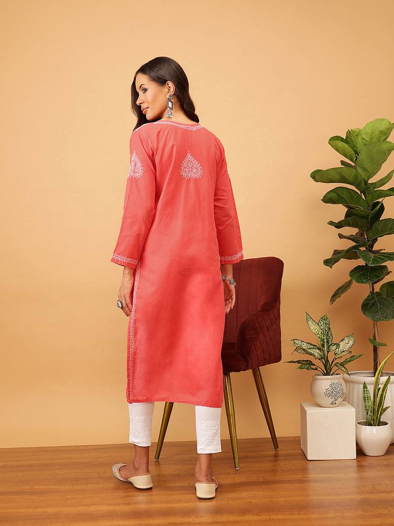 Hand Embroidered Coral Red Cotton Lucknow Chikankari Women Kurti
