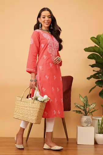 Hand Embroidered Coral Red Cotton Lucknow Chikankari Women Kurti