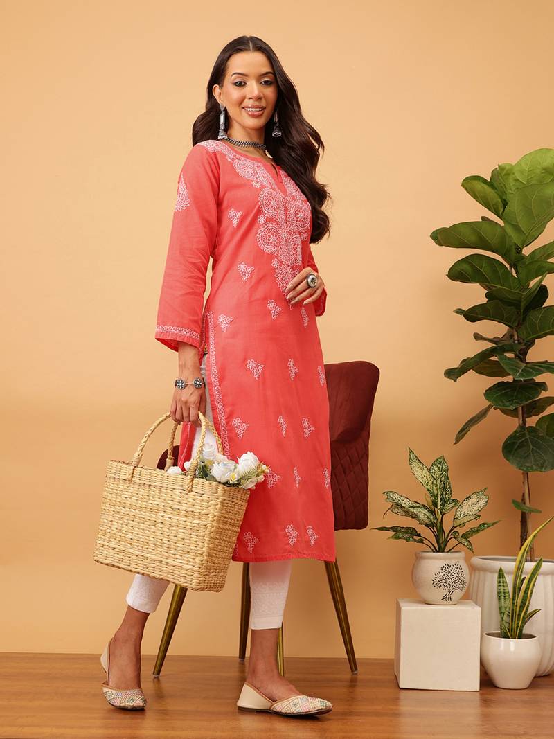 Hand Embroidered Coral Red Cotton Lucknow Chikankari Women Kurti