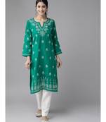 Ada Women's Hand Embroidered Stright Green Cotton Lucknow Chikankari Women Kurta - A210523