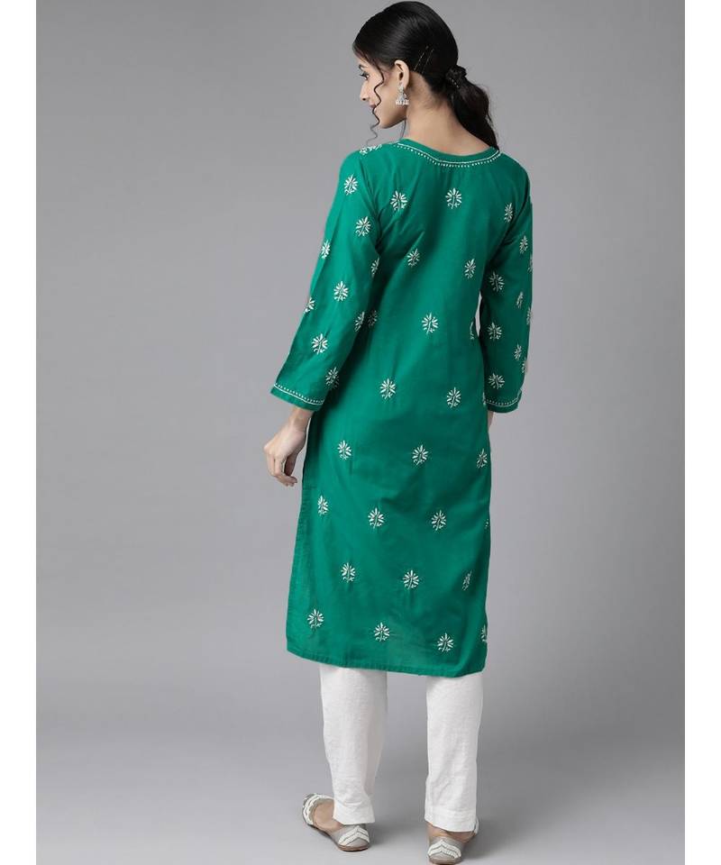 Ada Women's Hand Embroidered Stright Green Cotton Lucknow Chikankari Women Kurta - A210523