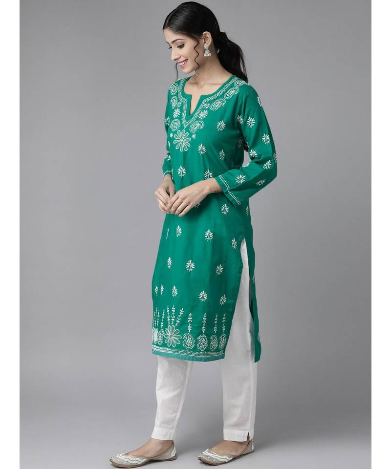 Ada Women's Hand Embroidered Stright Green Cotton Lucknow Chikankari Women Kurta - A210523