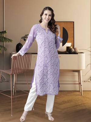 Hand Embroidered Mauve Georgette Lucknow Chikankari Women Kurta With Slip 1