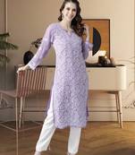 Hand Embroidered Mauve Georgette Lucknow Chikankari Women Kurta With Slip