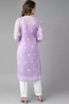 Hand Embroidered Mauve Georgette Lucknow Chikankari Women Kurta With Slip