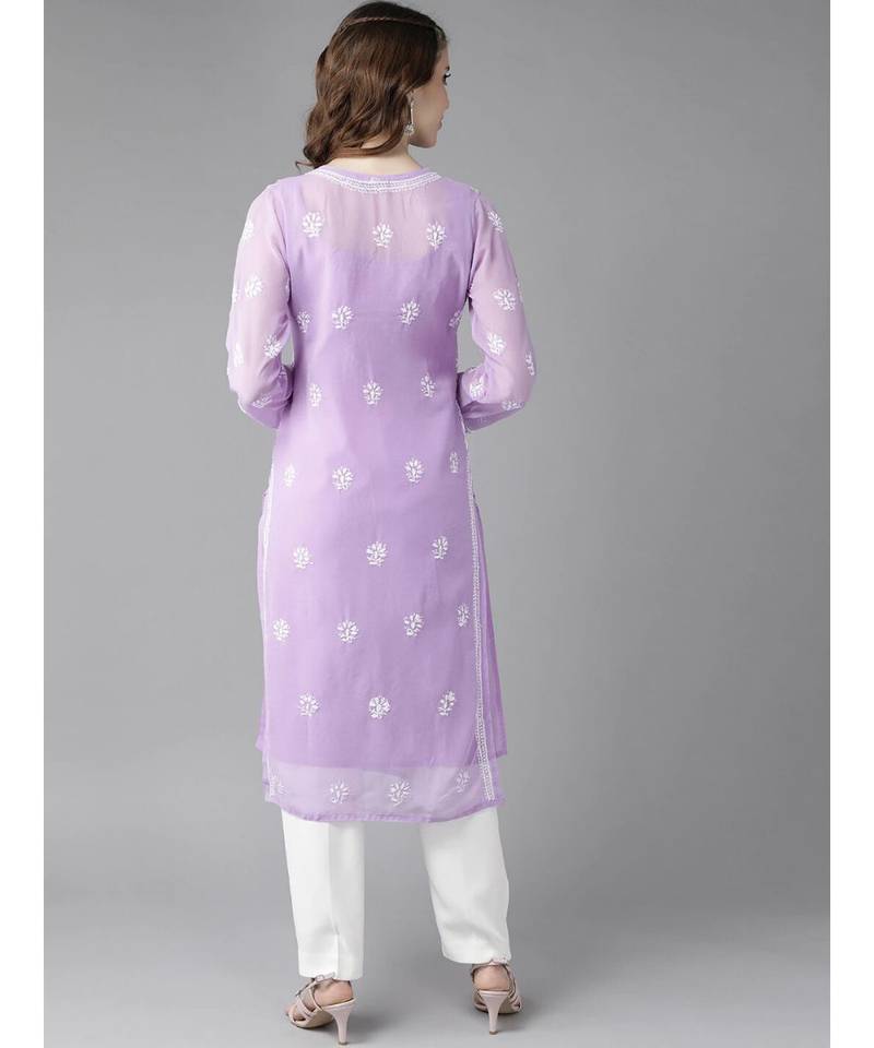 Hand Embroidered Mauve Georgette Lucknow Chikankari Women Kurta With Slip