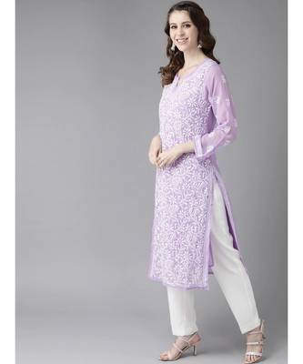 Hand Embroidered Mauve Georgette Lucknow Chikankari Women Kurta With Slip 3