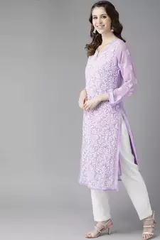 Hand Embroidered Mauve Georgette Lucknow Chikankari Women Kurta With Slip