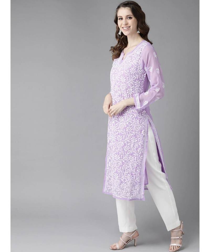 Hand Embroidered Mauve Georgette Lucknow Chikankari Women Kurta With Slip