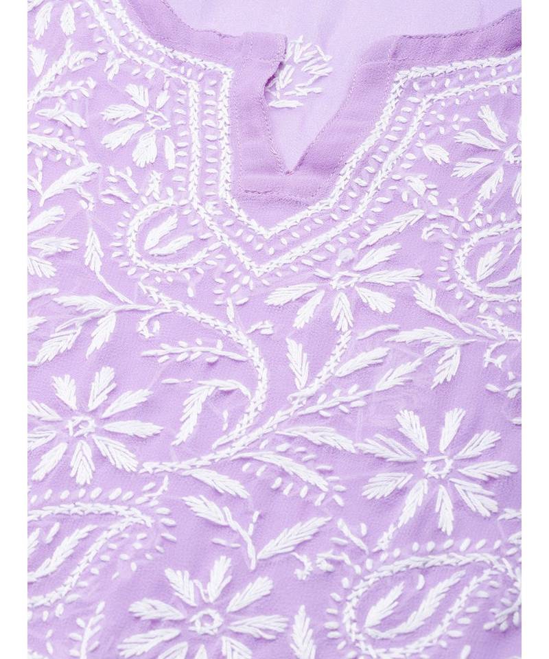 Hand Embroidered Mauve Georgette Lucknow Chikankari Women Kurta With Slip