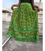 Parrot Green Colored Hand Embroidered Foil Mirror Rayon Wrinkled Crushed Long Skirt