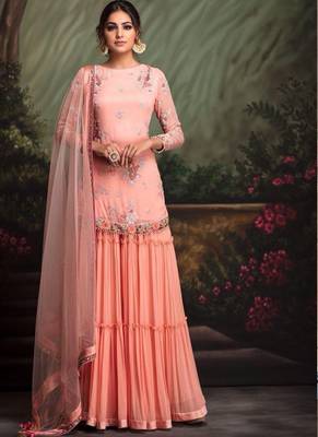 Peach Japan Satin Silk SALWAR KAMEEZ SEMI STITCHED 1