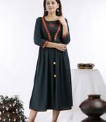 Women Embroidered Solid Rayon Slub Flared Kurta