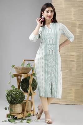 Women Printed Mirror Worked Rayon Slub Straight Kurta 3