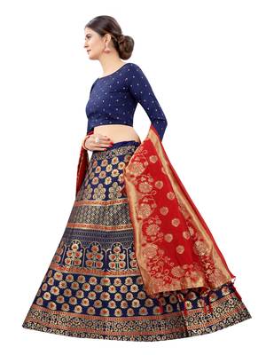 Red jacquard jacquard semi stitched lehenga 3
