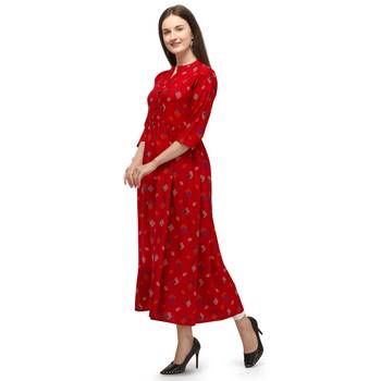 Women Printed Rayon A-line Kurta  (Red) 3