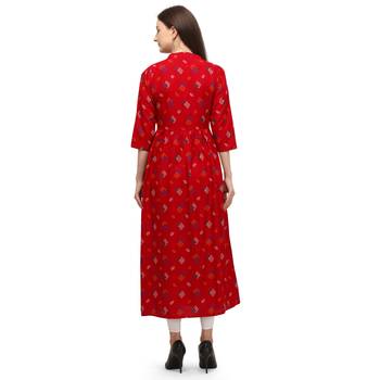Women Printed Rayon A-line Kurta  (Red) 4