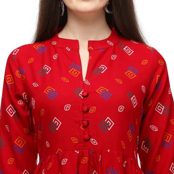 Women Printed Rayon A-line Kurta  (Red) 5