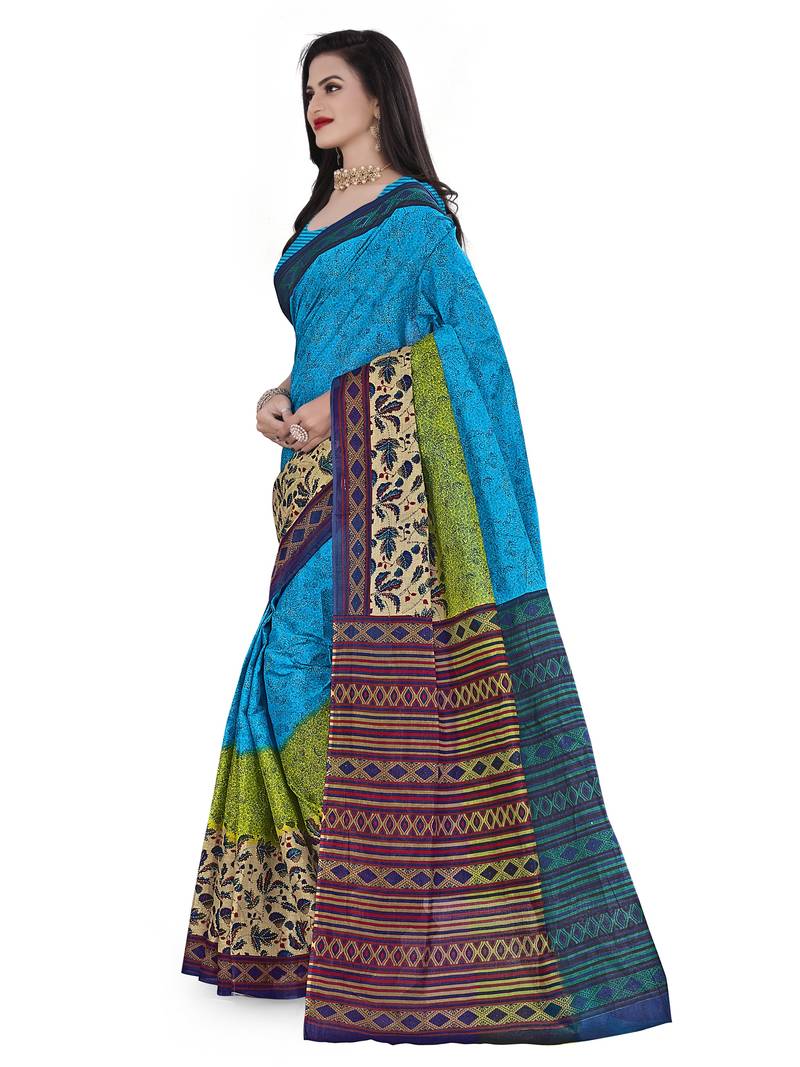 Blue Printed Cotton Saree main image 0