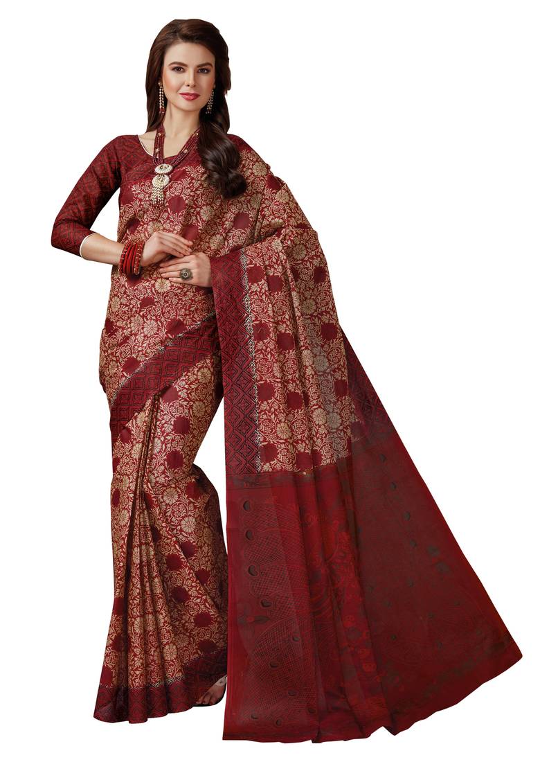 Maroon Cotton Floral Printed Saree