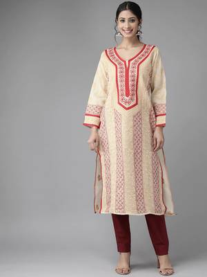 Ada Hand Embroidered Peach Cotton Lucknow Chikankari Women Kurti - A285129 1