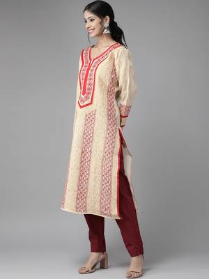 Ada Hand Embroidered Peach Cotton Lucknow Chikankari Women Kurti - A285129 3