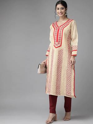 Ada Hand Embroidered Peach Cotton Lucknow Chikankari Women Kurti - A285129 4