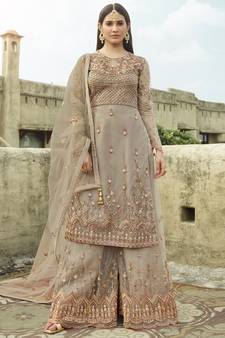 Beige embroidered net salwar