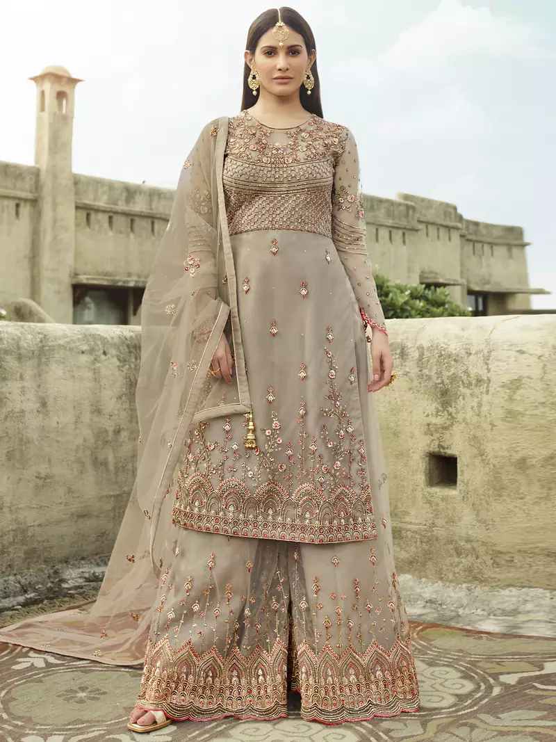 Beige embroidered net salwar