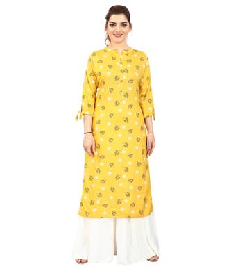 Mustard printed rayon kurtis 1