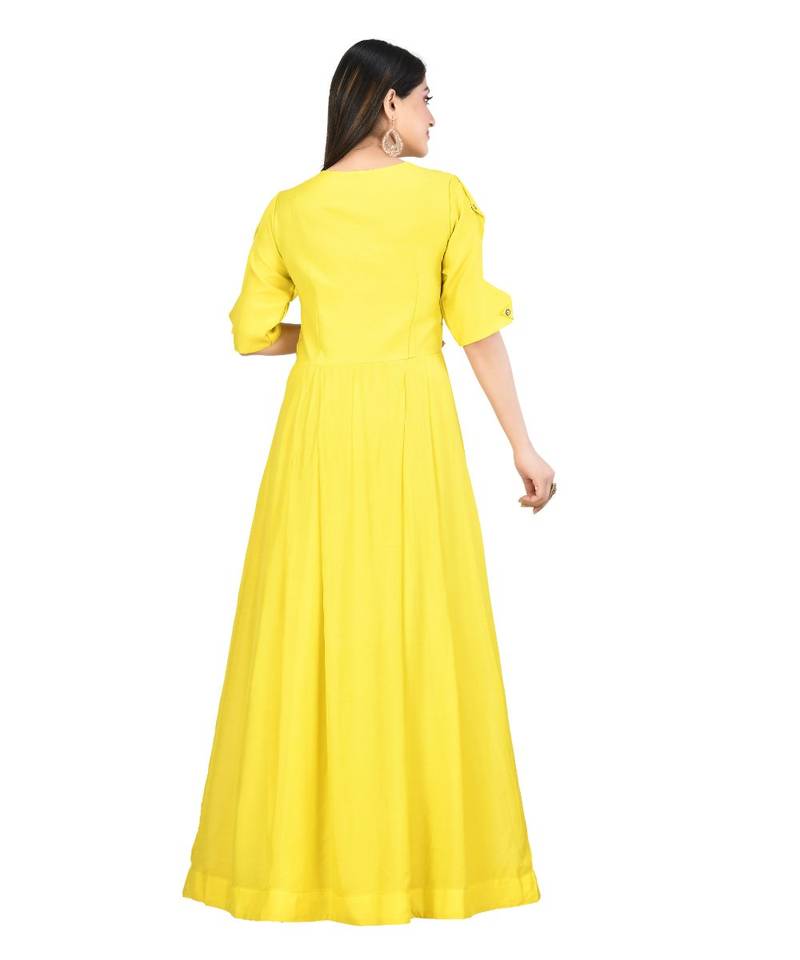 yellow muslin silk short sleeves solid womens gown