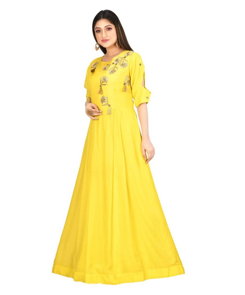 yellow muslin silk short sleeves solid womens gown