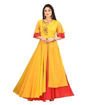 yellow cotton malmal short sleeves solid women gown 1