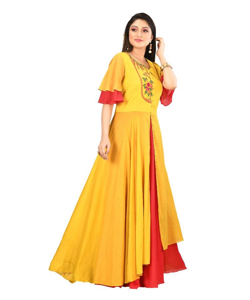 yellow cotton malmal short sleeves solid women gown
