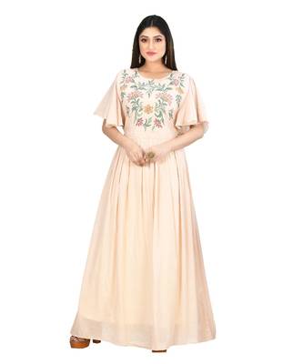 beige cotton malmal short sleeves solid women gown 1