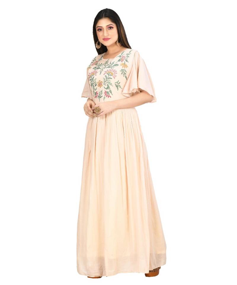 beige cotton malmal short sleeves solid women gown