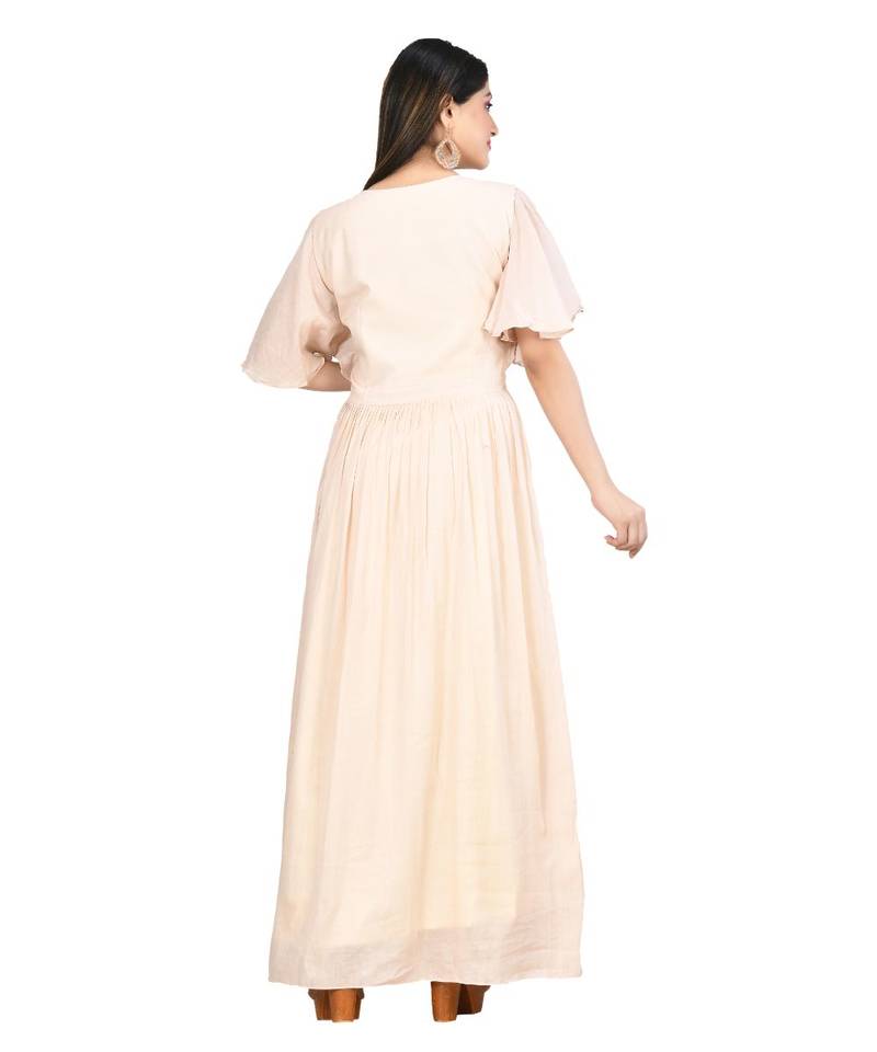 beige cotton malmal short sleeves solid women gown